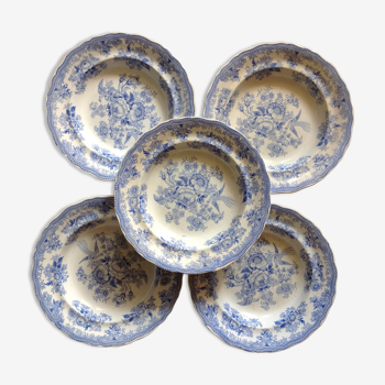5 assiettes en faience anciennes motif bleue fleur oiseau