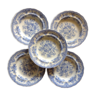 5 assiettes en faience anciennes motif bleue fleur oiseau
