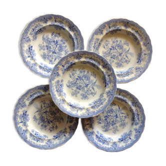 5 plates in faience old blue pattern flower bird