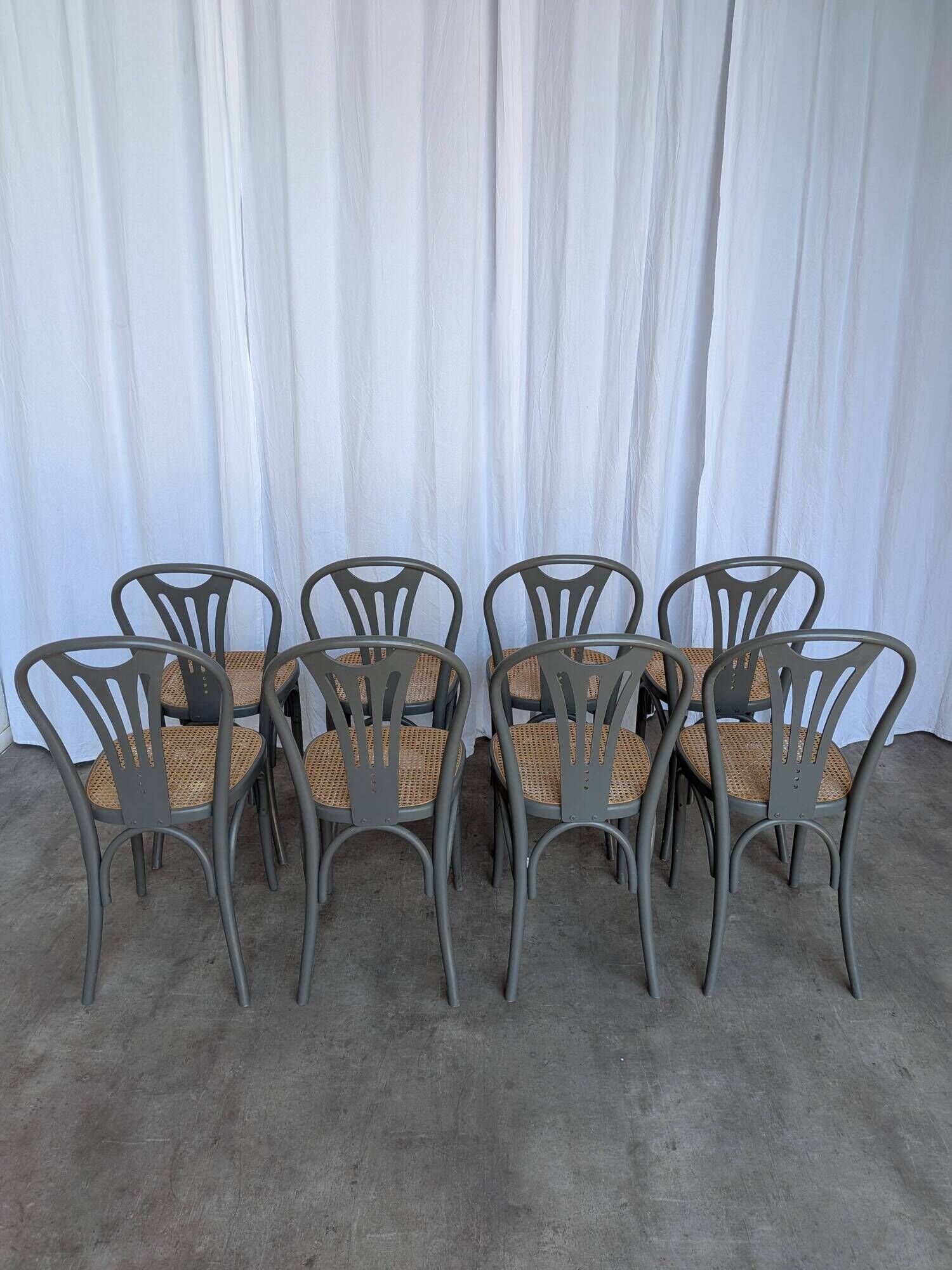 Set of 8 Vintage Gray Bentwood Dining Chair: Thonet Style Cane Seat