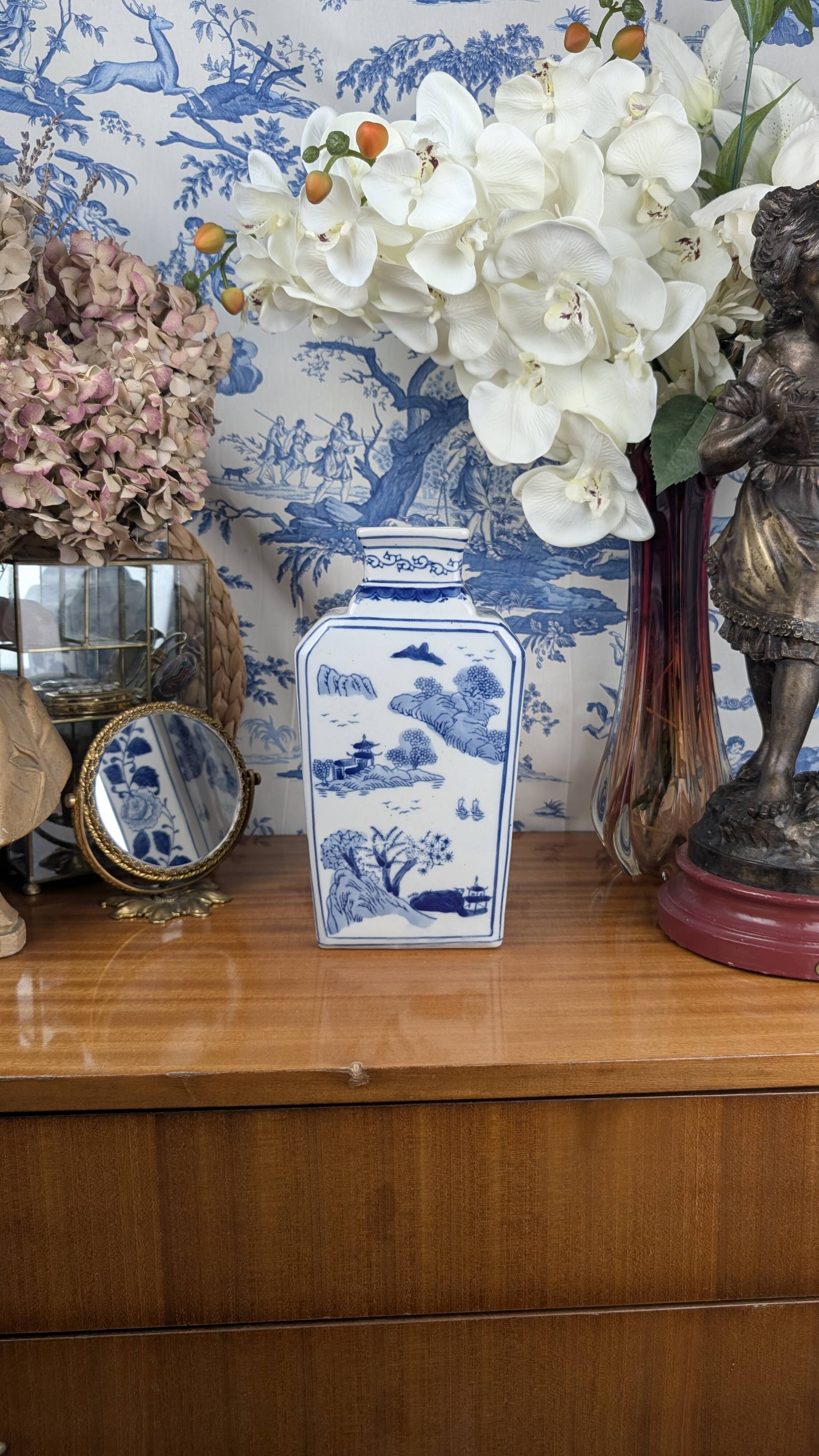 Rectangular Hue Blue Vase Vietnamese Landscape Decor 20th Century