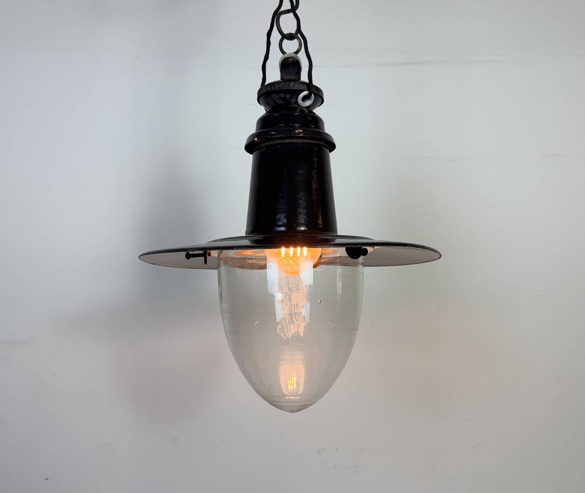 Industrial German Black Enamel Pendant Lamp with Glass Cover, 1930s
