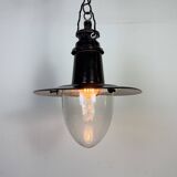 Industrial German Black Enamel Pendant Lamp with Glass Cover, 1930s