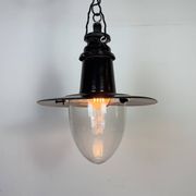 Industrial German Black Enamel Pendant Lamp with Glass Cover, 1930s