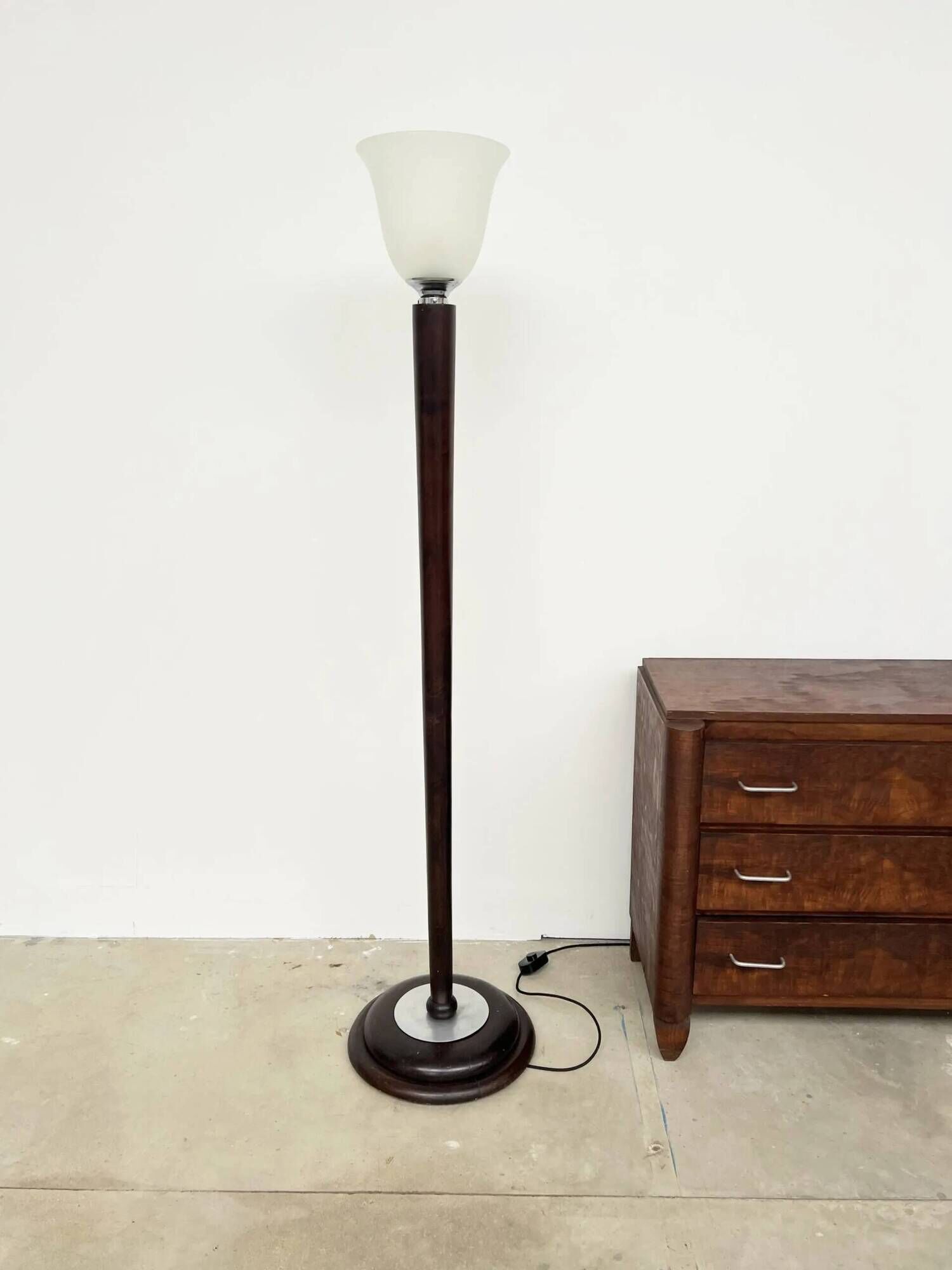 Mazda Art Deco floor lamp (1940s) – Stained wooden stem & frosted glass shade