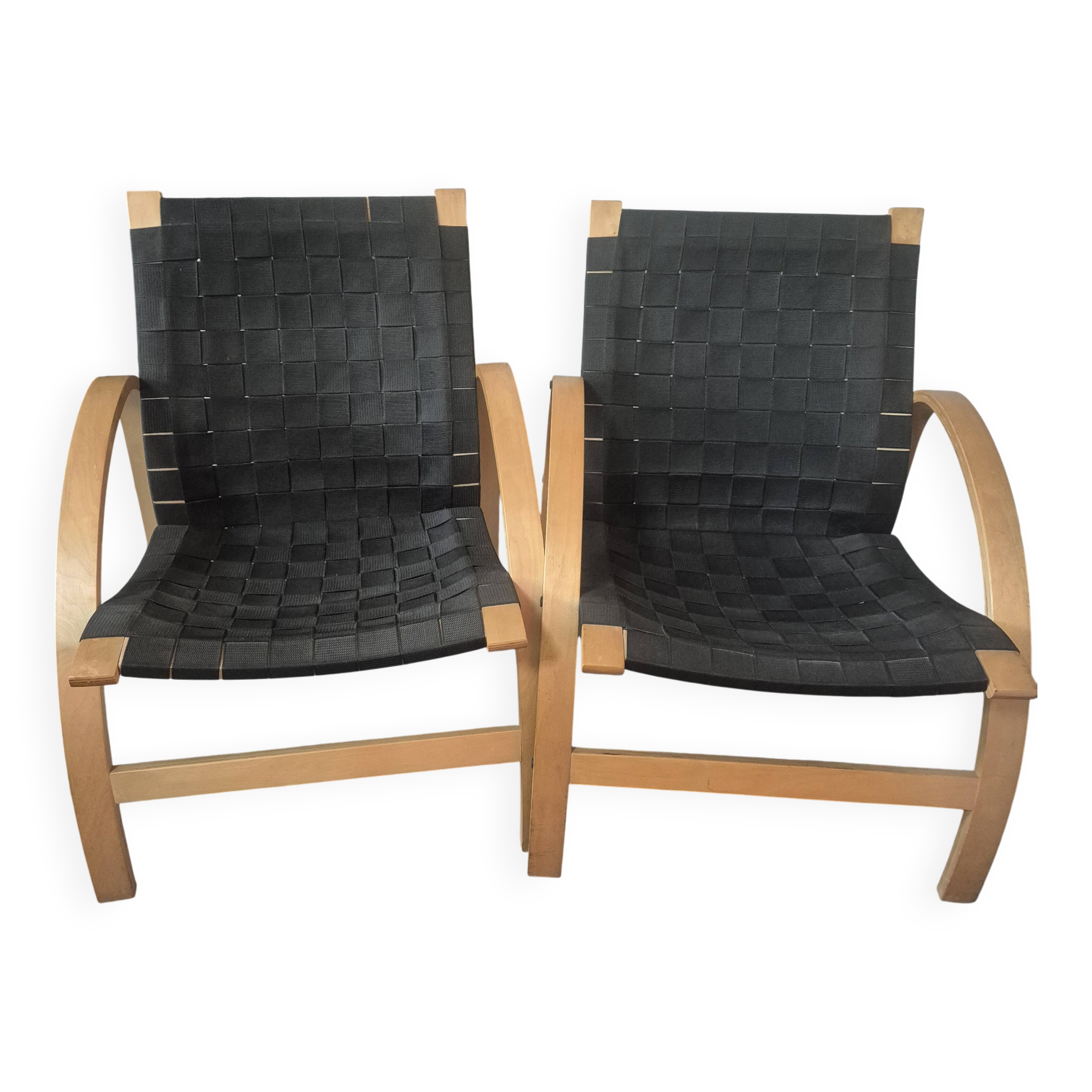 pair set of 2 armchairs with a wooden frame and black fabric weaving