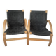 pair set of 2 armchairs with a wooden frame and black fabric weaving