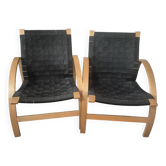 paire lot de 2 fauteuil ossature bois et tressage en toile noire