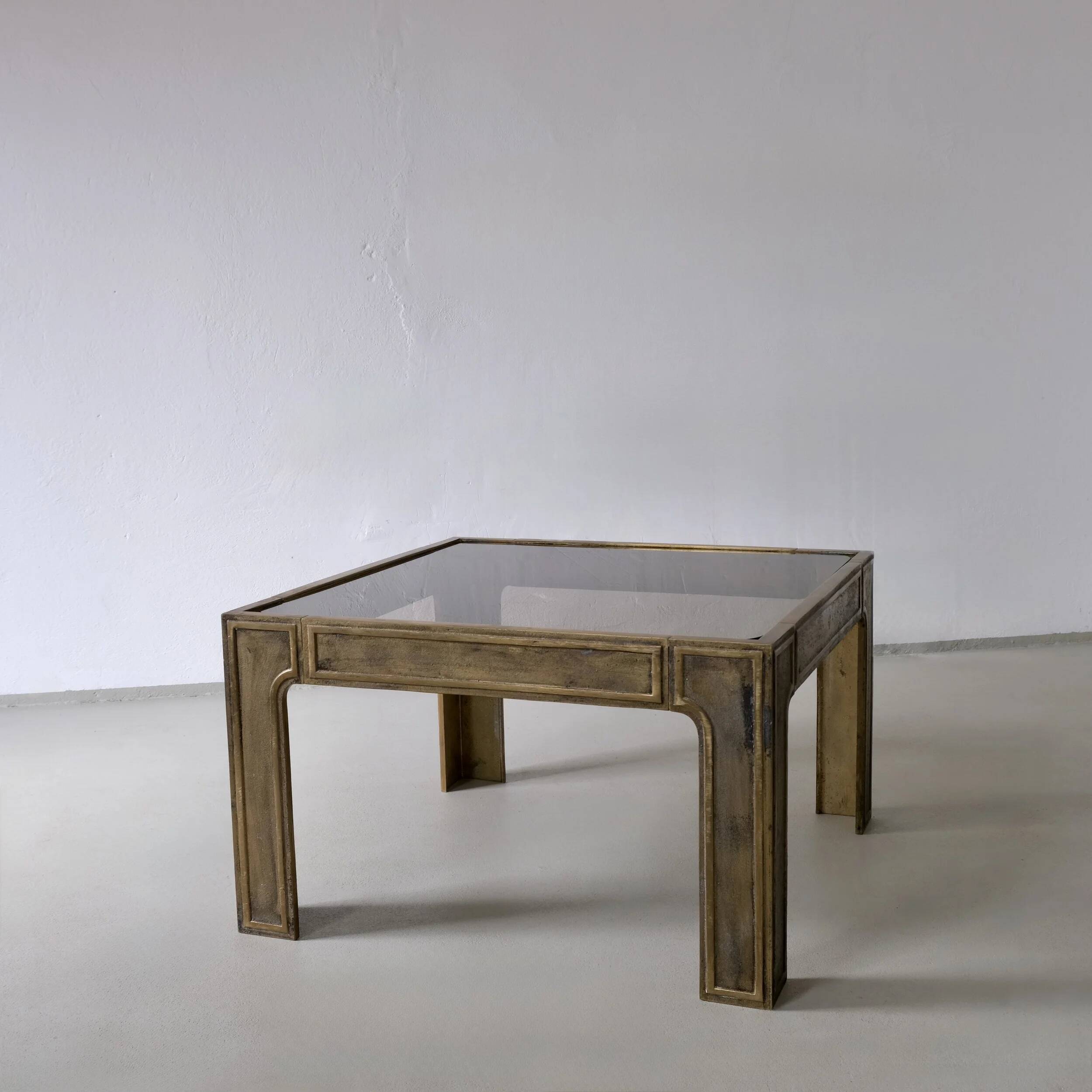 Brutalist bronze and glass square coffee table | 1970s