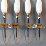 Large pair of 2-light torchiere wall lights 1950/60 in black metal and gilded brass.