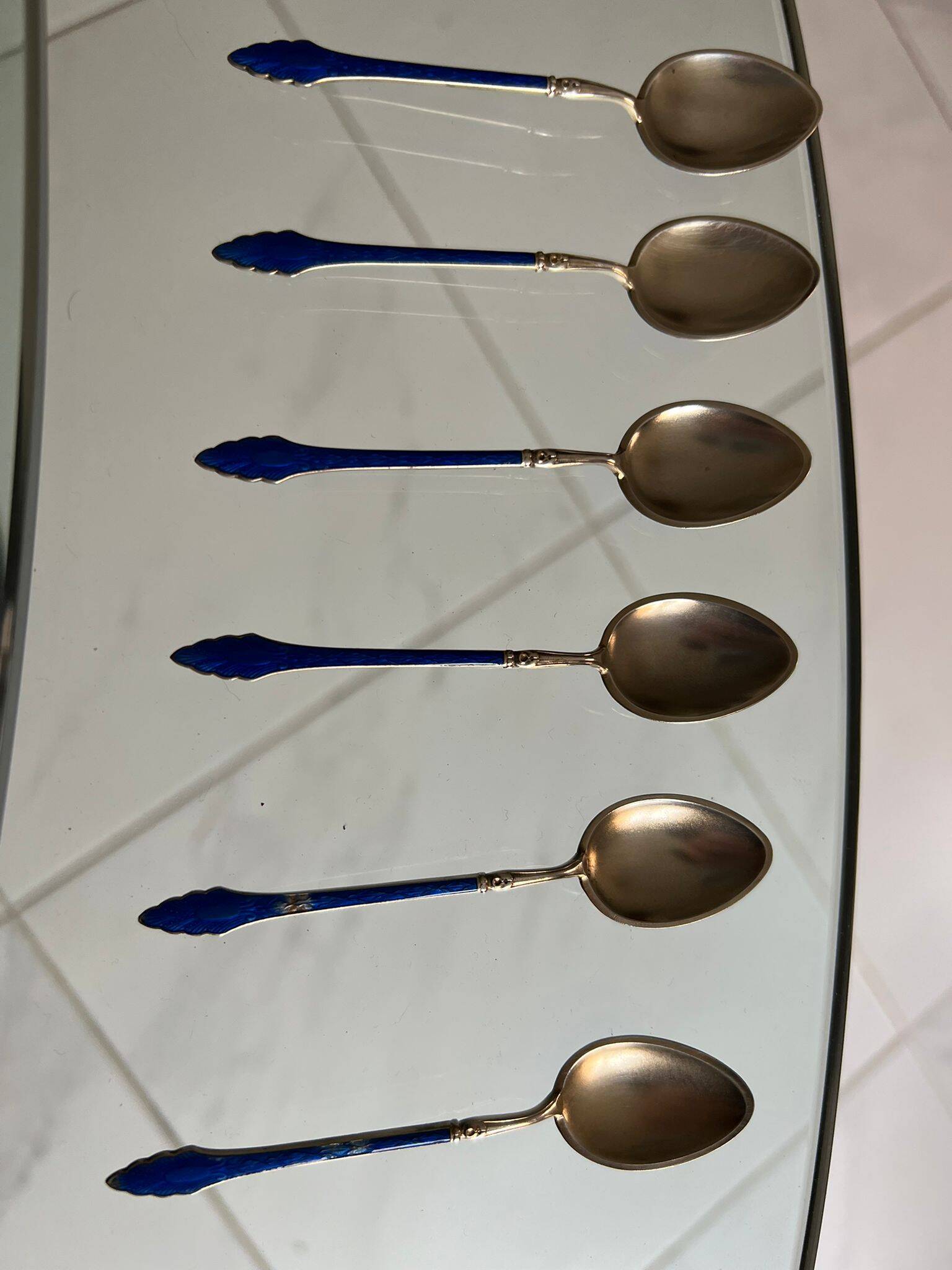 Coffee spoons late 19th century SOLID SILVER 995 3 hallmarks + ROYAL BLUE enamel ENGLISH origin