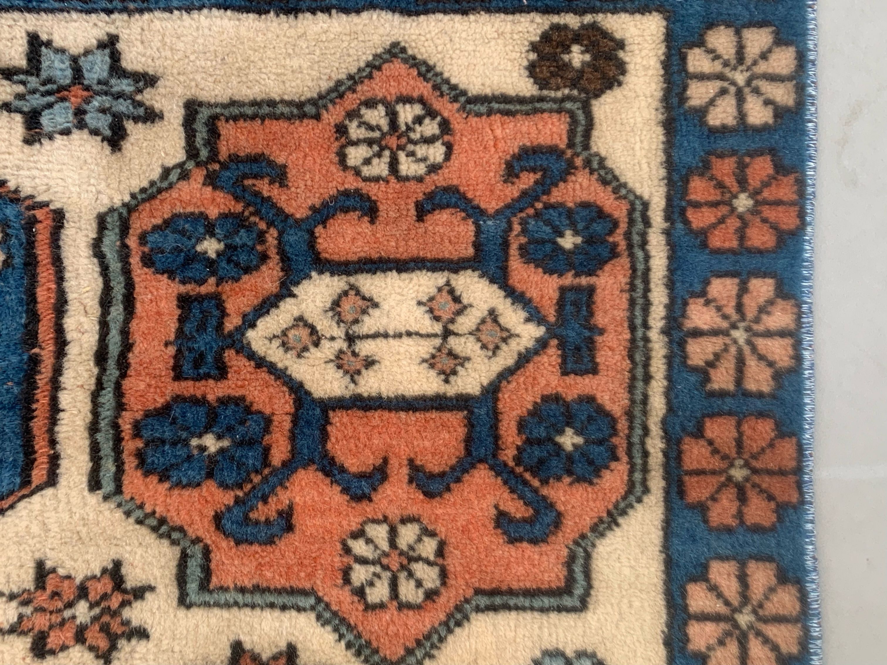 Vintage Turkish Kazak Rug Oriental 135x81 cm Tribal Small Carpet, Red and Blue