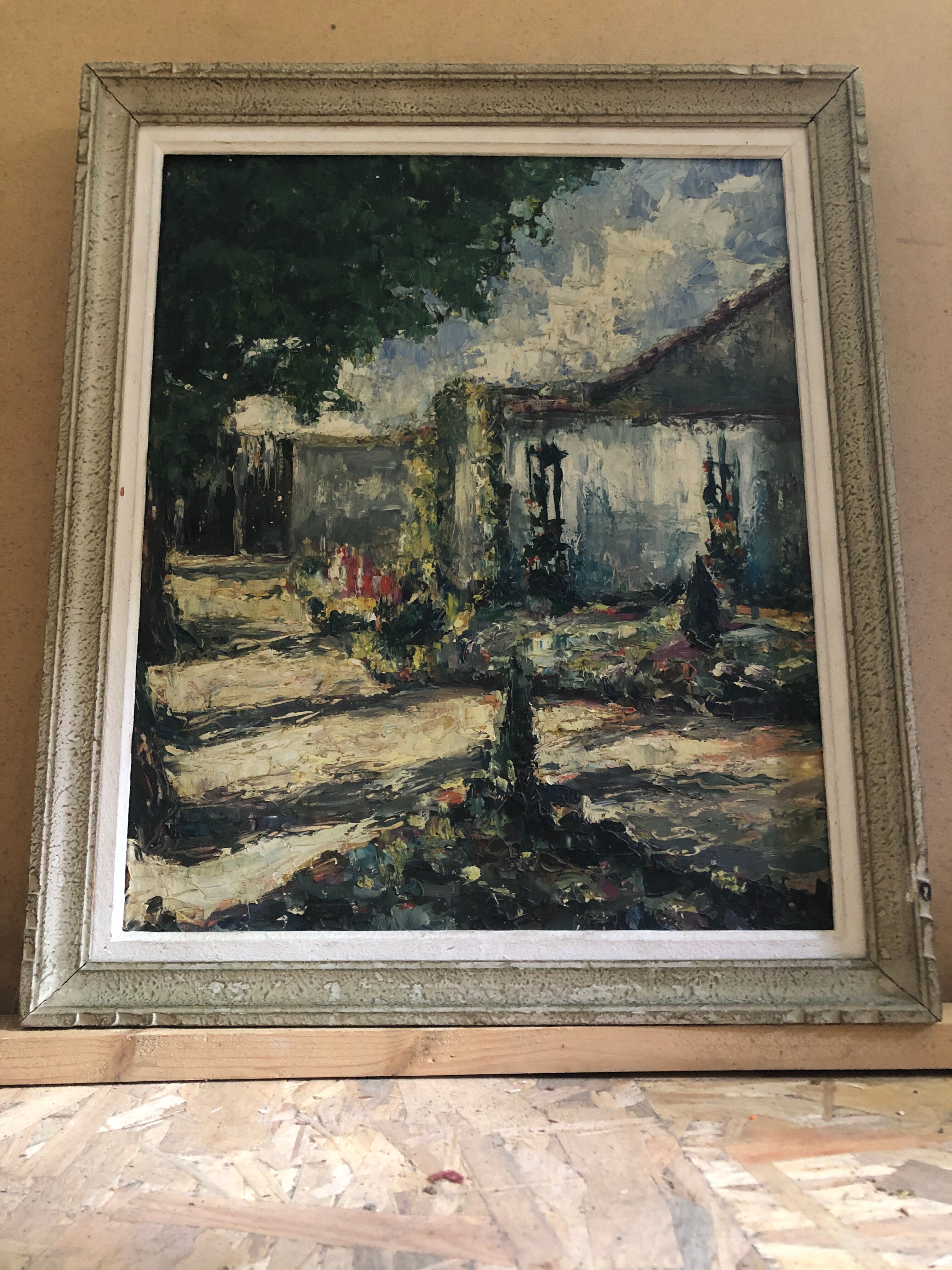 Ancien tableau huile au couteau sur panneau avec cadre bois vintage