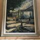 Ancien tableau huile au couteau sur panneau avec cadre bois vintage