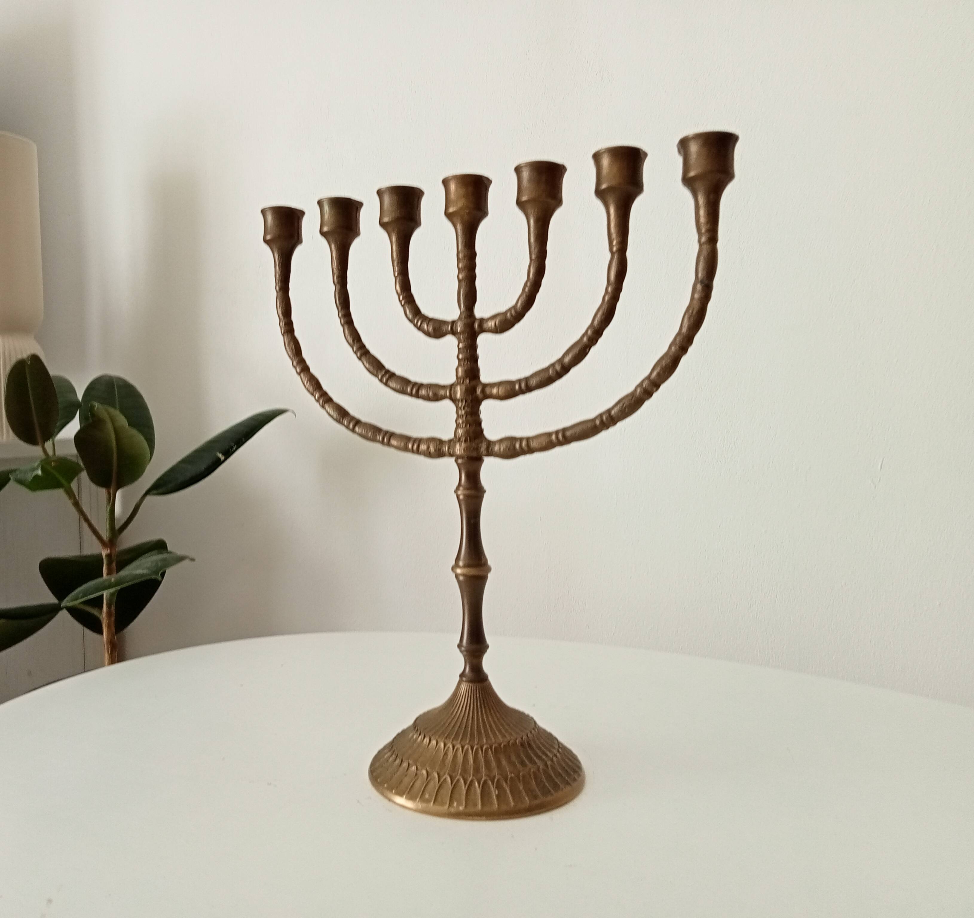 Vintage Hebrew Menorah Candlestick in Solid Brass from the 50s