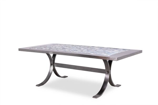 Table de salle à manger en métal poli et céramique. Années 1970.
