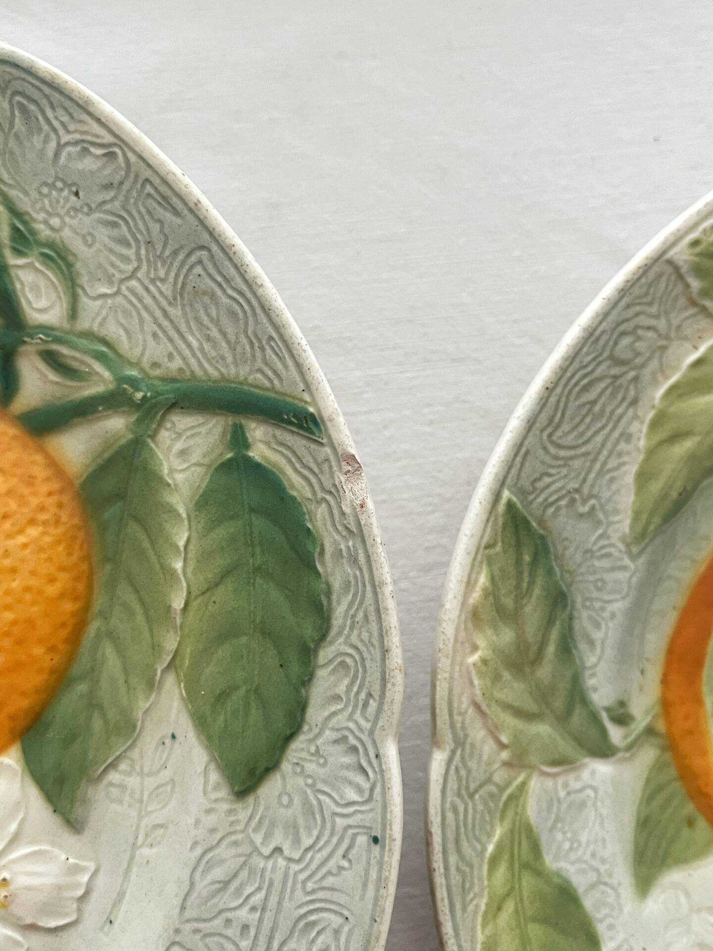 6 orange barbotine dessert plates from Saint Clément earthenware.
