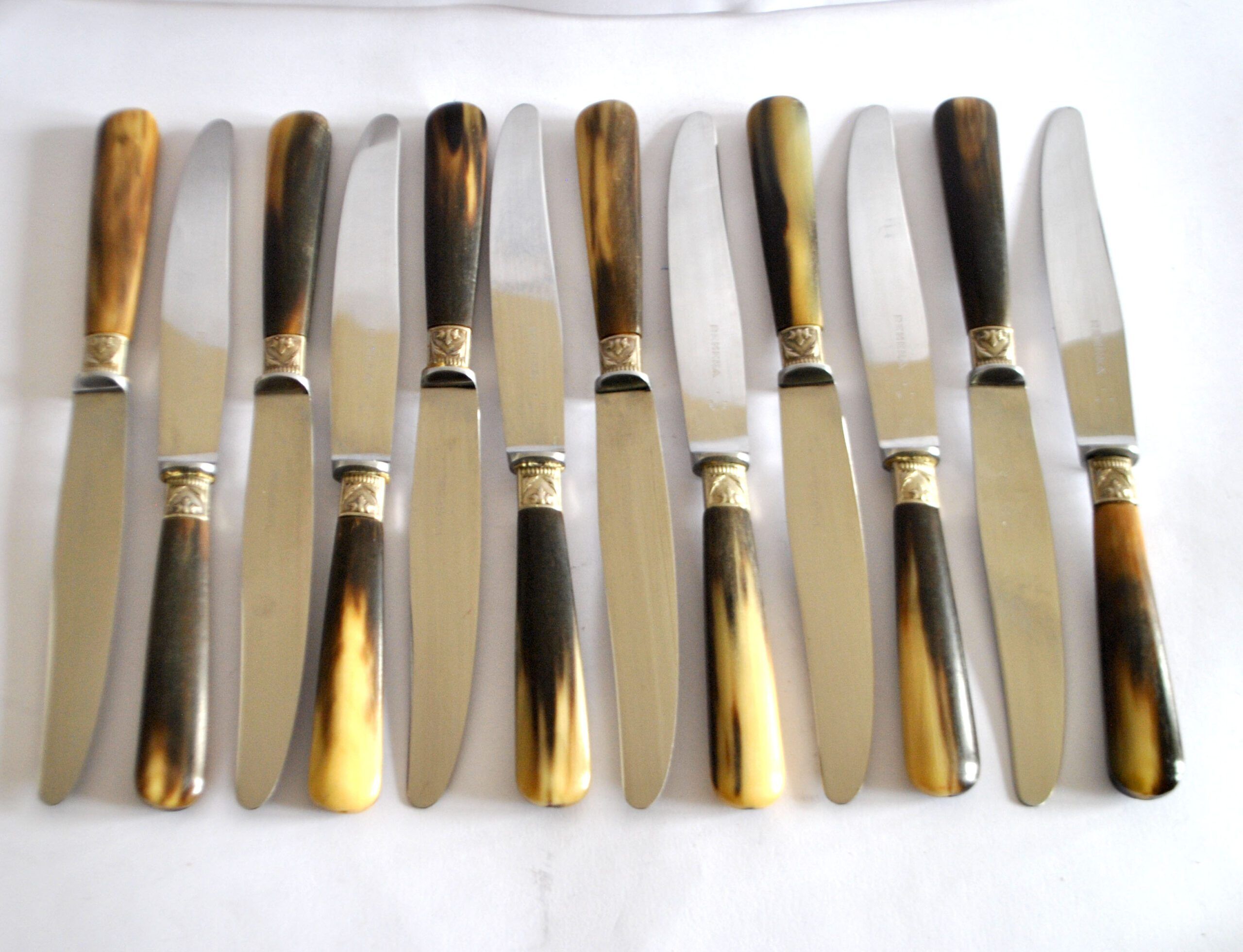 Set of 12 vintage table knives with horn handles and stainless steel blades RENEKA 24.5 cm