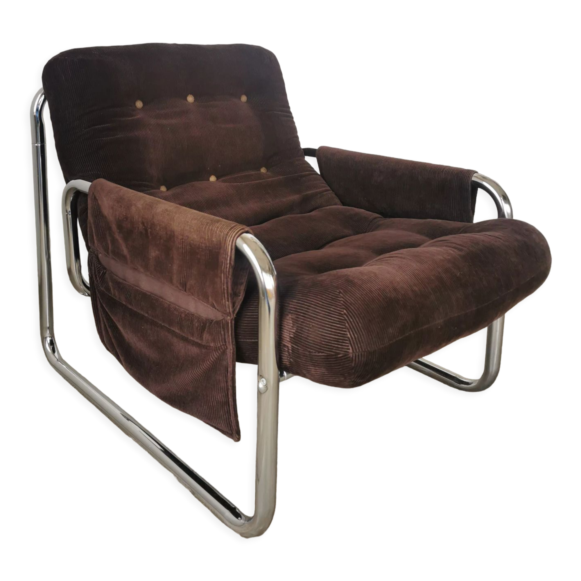 Velvet and tubular metal armchair 1980