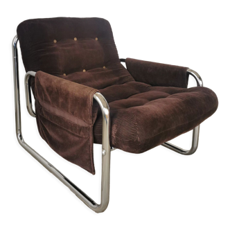 Velvet and tubular metal armchair 1980