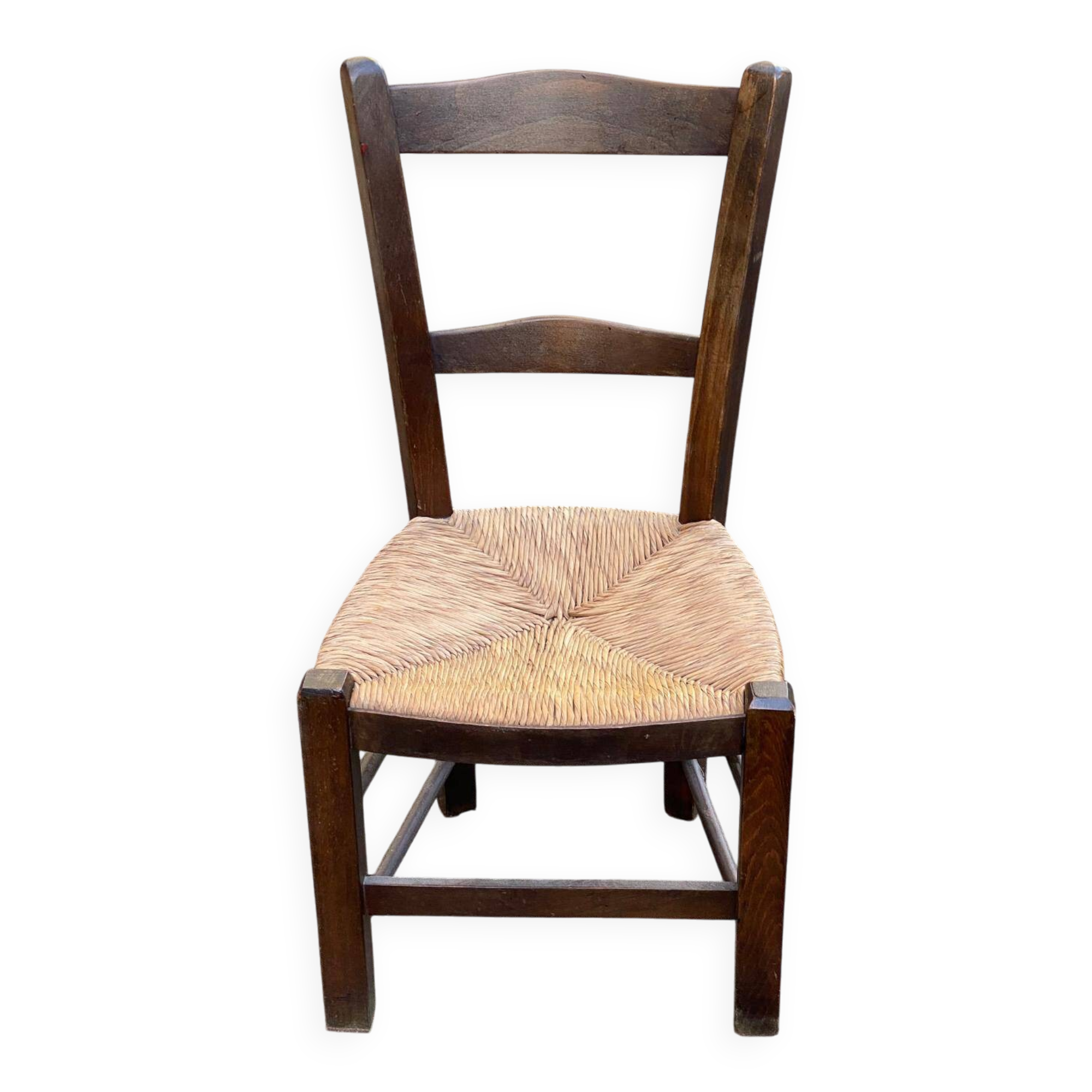 Solid wood chair in dark oak with rush seating, Louis Philippe style.