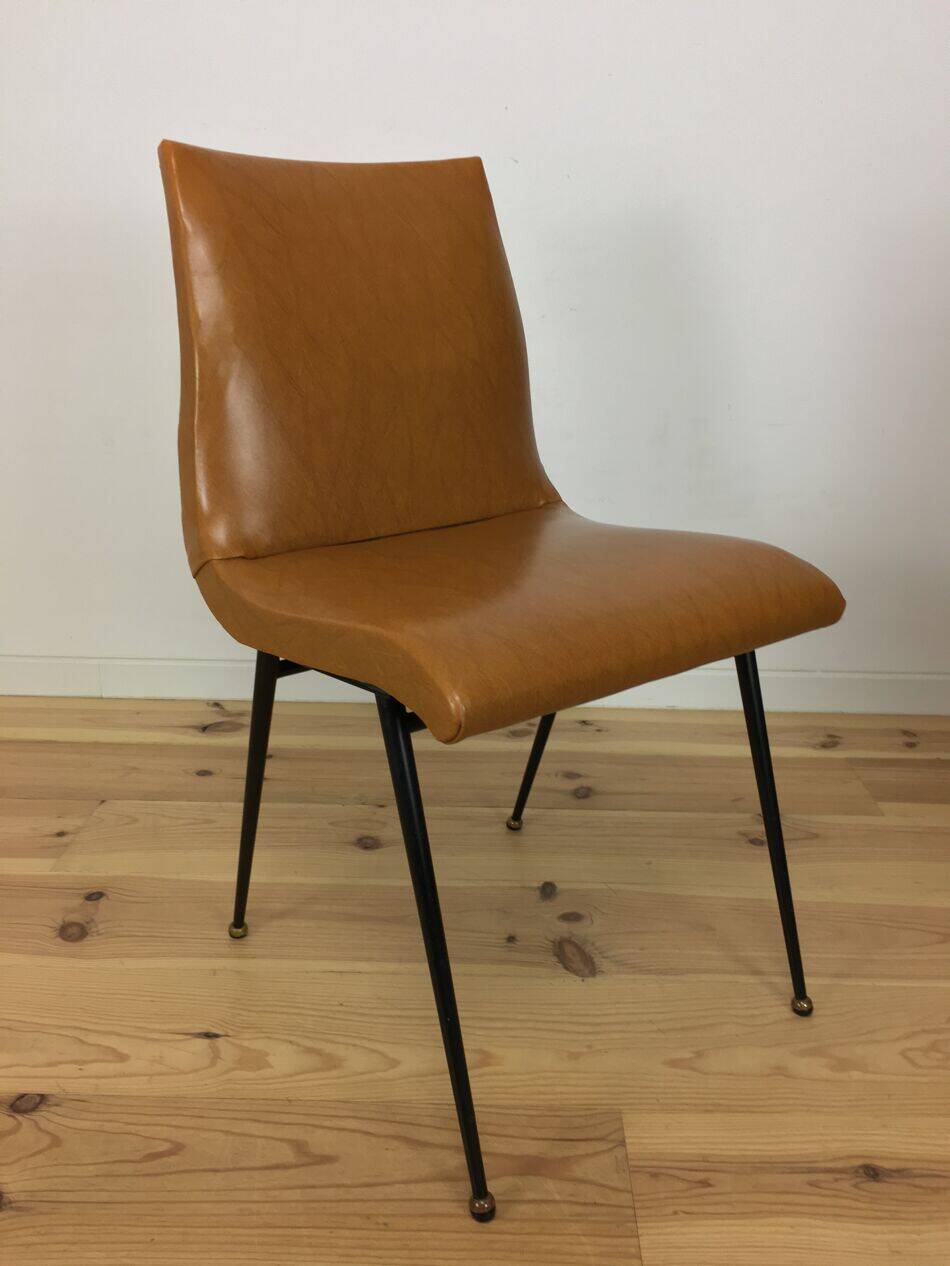 Pair of 1950s chairs with compass legs and brown faux leather.
