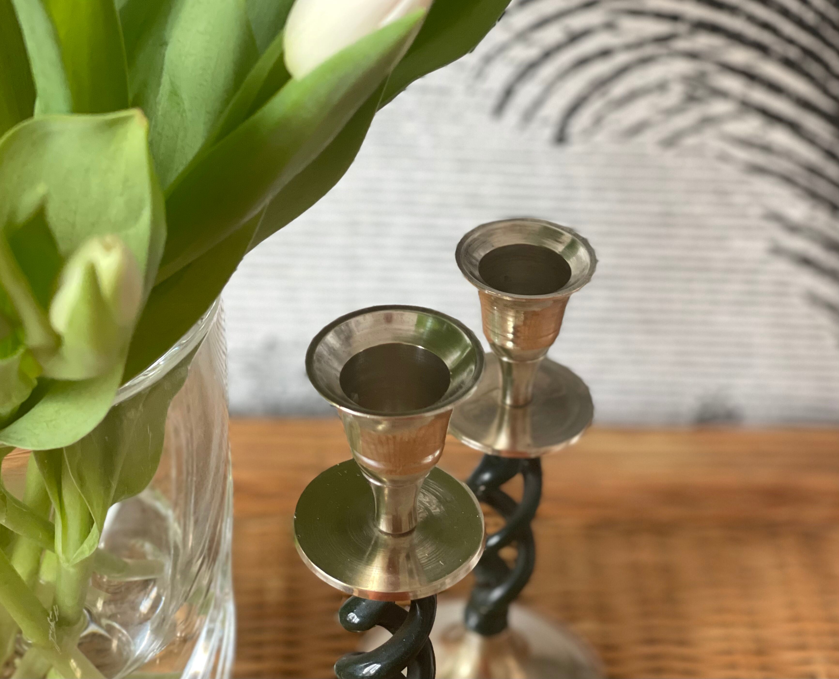 2 candle holders in brass and ceramic 1950
