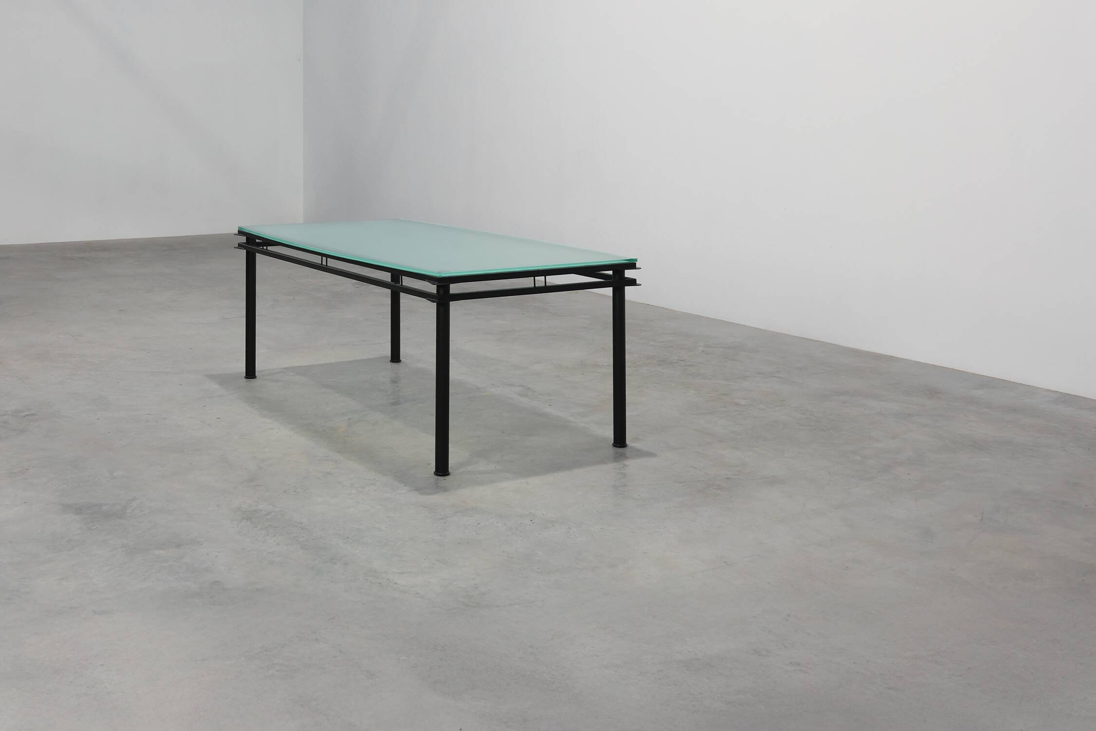 Modernist Dining Table with Black Metal Base and Glass Top, Belgium 1980s