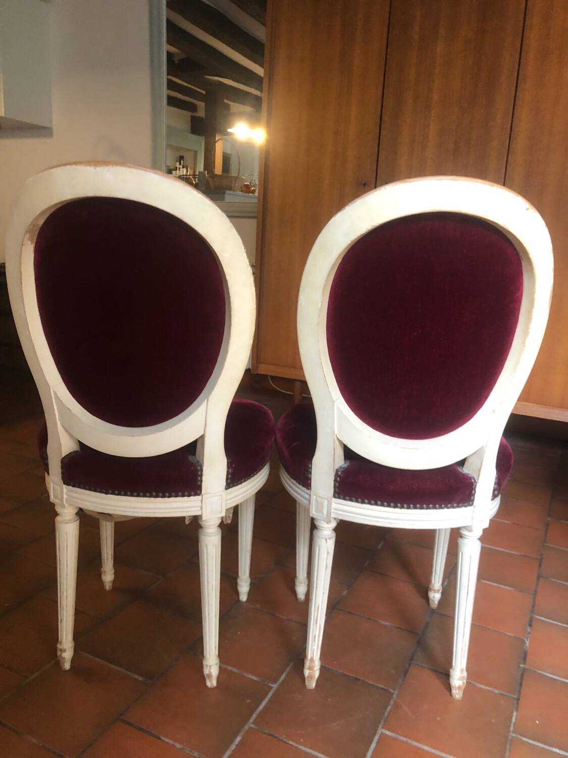 Lot of six Louis XVI chairs purple velvet patinated wood