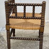 Art Deco turned wood straw corner armchair