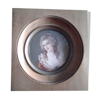 Portrait. miniature lady in orange dress 19 th