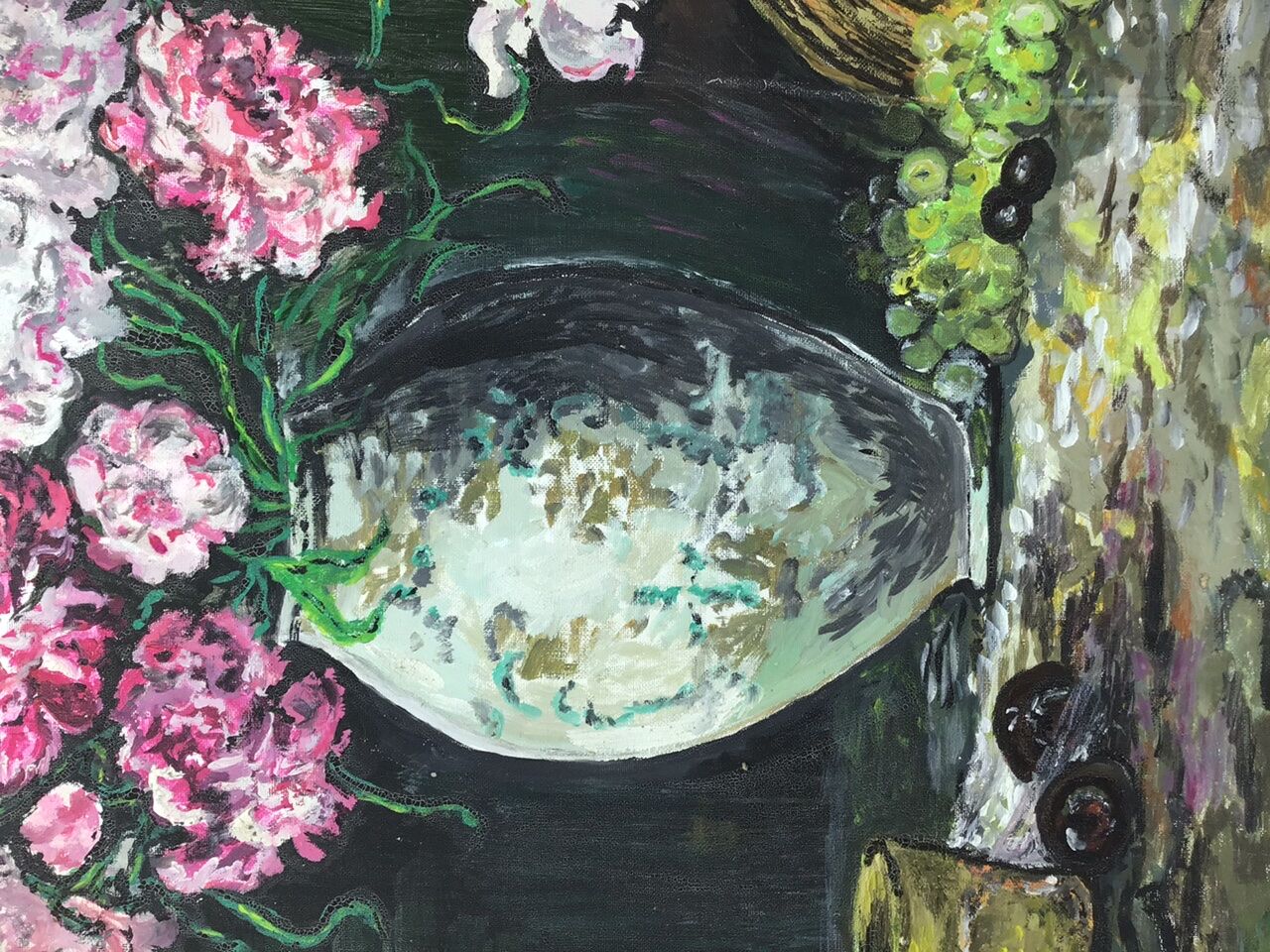 Painting, still life with carnations, glass and basket of grapes, signed, 70s/80s