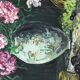 Painting, still life with carnations, glass and basket of grapes, signed, 70s/80s