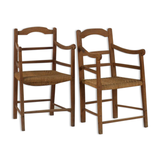 2 fauteuils en chêne et corde, vers 1900