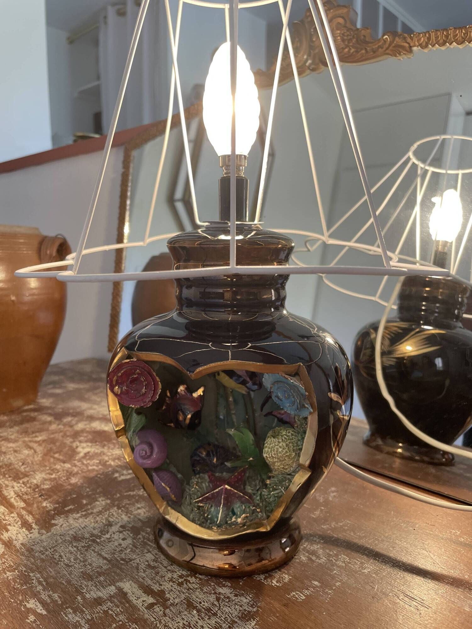 Vintage Cermonac shell fish lamp signed and numbered