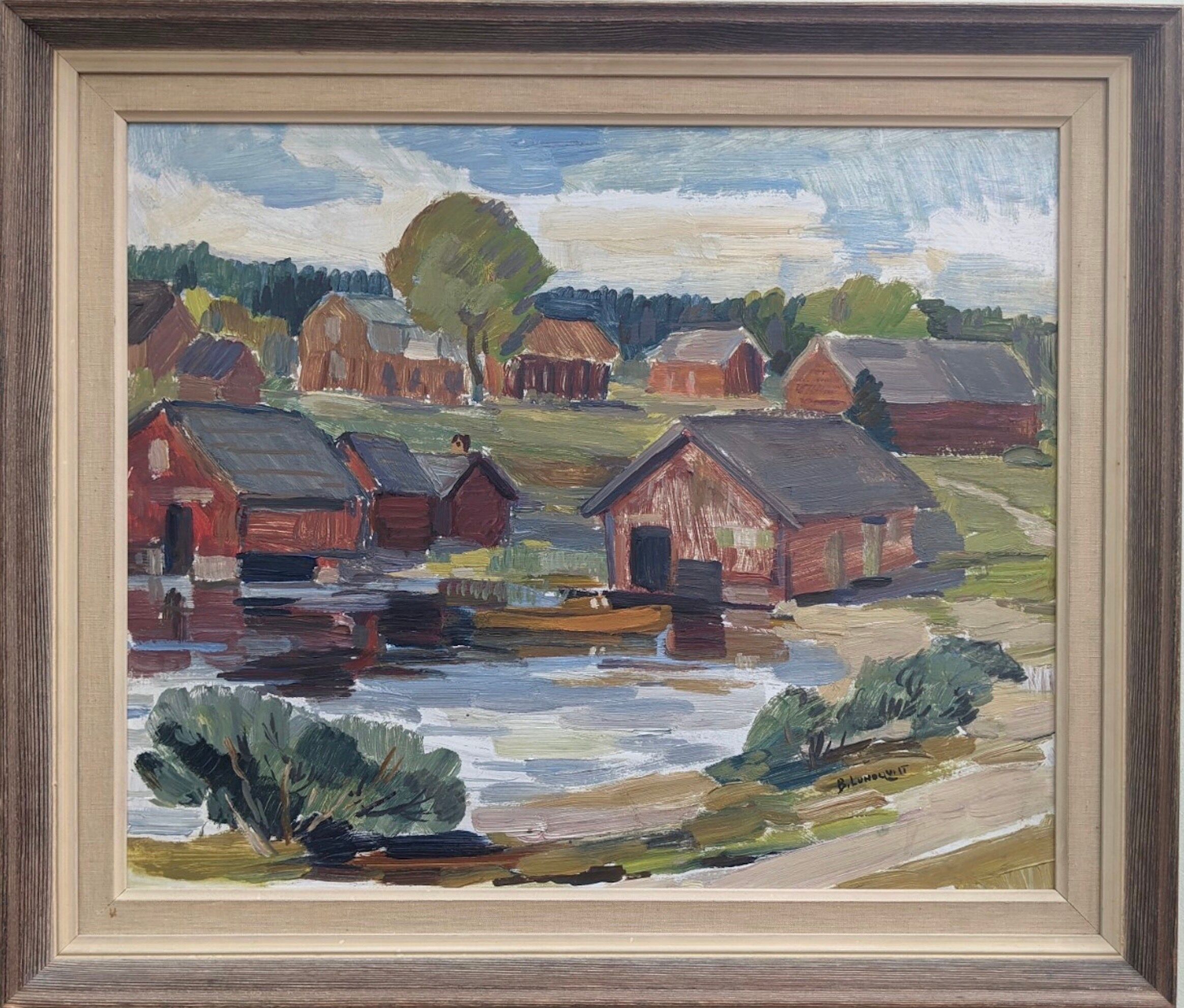 Mid-Century Modern "Lake Houses" Swedish Vintage Landscape Oil Painting, Framed