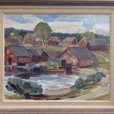 Mid-Century Modern "Lake Houses" Swedish Vintage Landscape Oil Painting, Framed