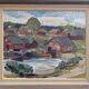 Peinture à l’huile de paysage vintage suédoise « maisons de lac » moderne du milieu du siècle, encadrée