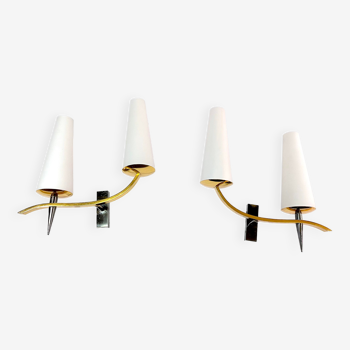 Pair of double sconces in brass and opaline, Maison Arlus, France, Mid-Century