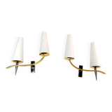 Pair of double sconces in brass and opaline, Maison Arlus, France, Mid-Century