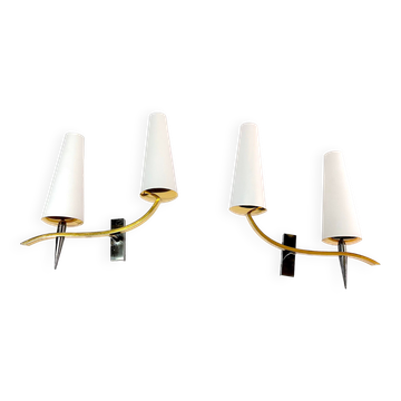Pair of double sconces in brass and opaline, Maison Arlus, France, Mid-Century
