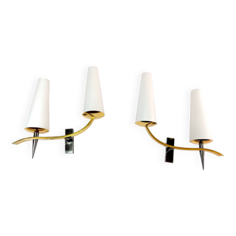 Pair of double sconces in brass and opaline, Maison Arlus, France, Mid-Century