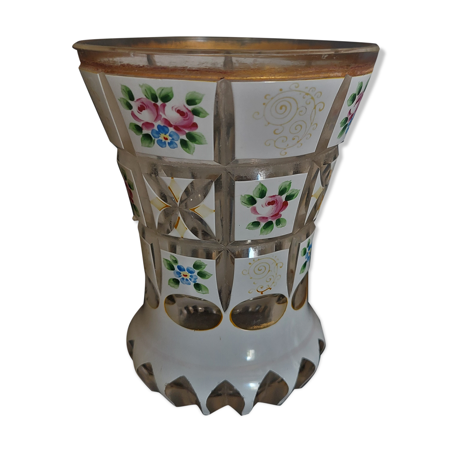 Vase with violets double cut glass nineteenth