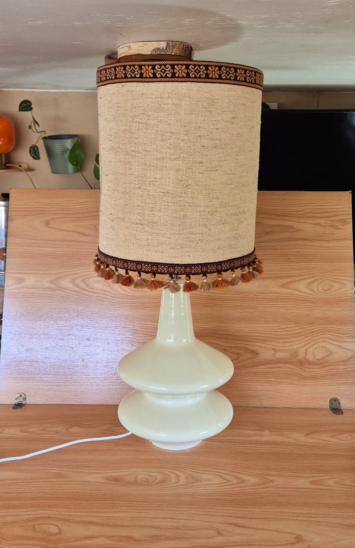 Large vintage 1970s tinted glass lamp with shade.