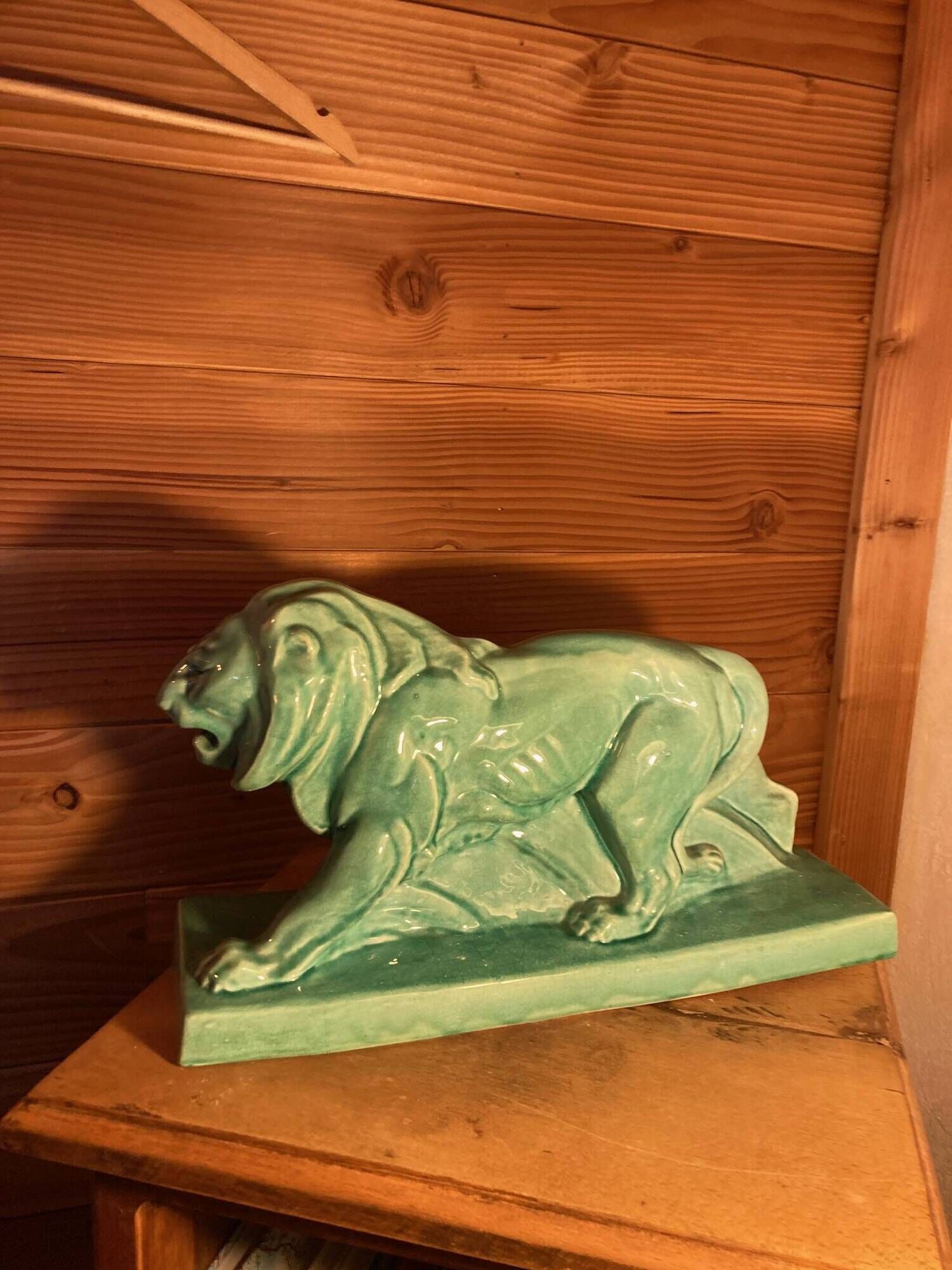 Large Art Deco lion sculpture, in crackled enamel, Peugeot, 1934, Le Jan