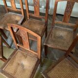 Set of 6 old chairs in carved wood and cane