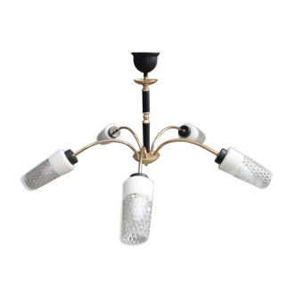 Black and Brass pendant lamp with 5 glass shades 1960s