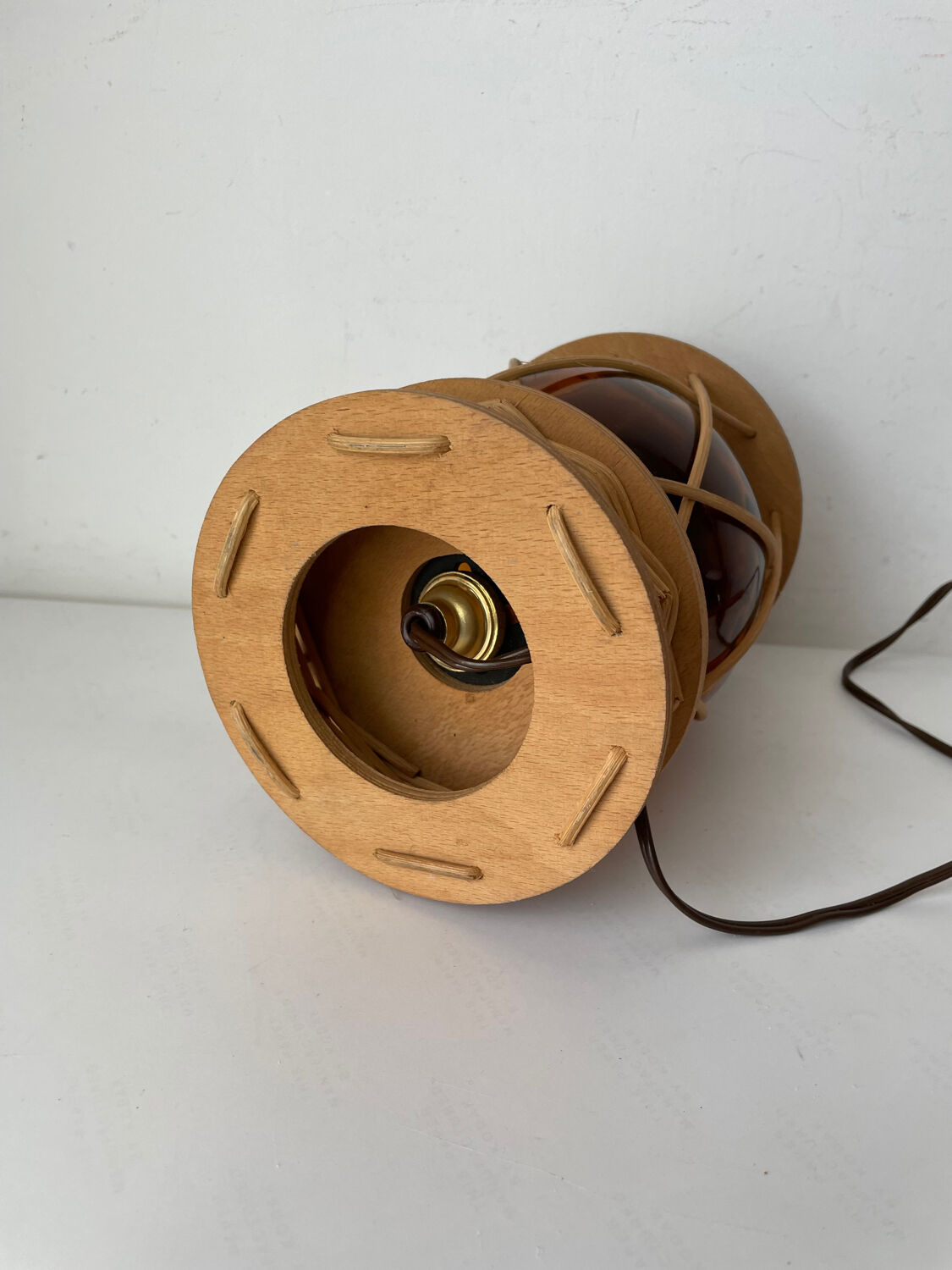 Vintage wood and wicker lamp