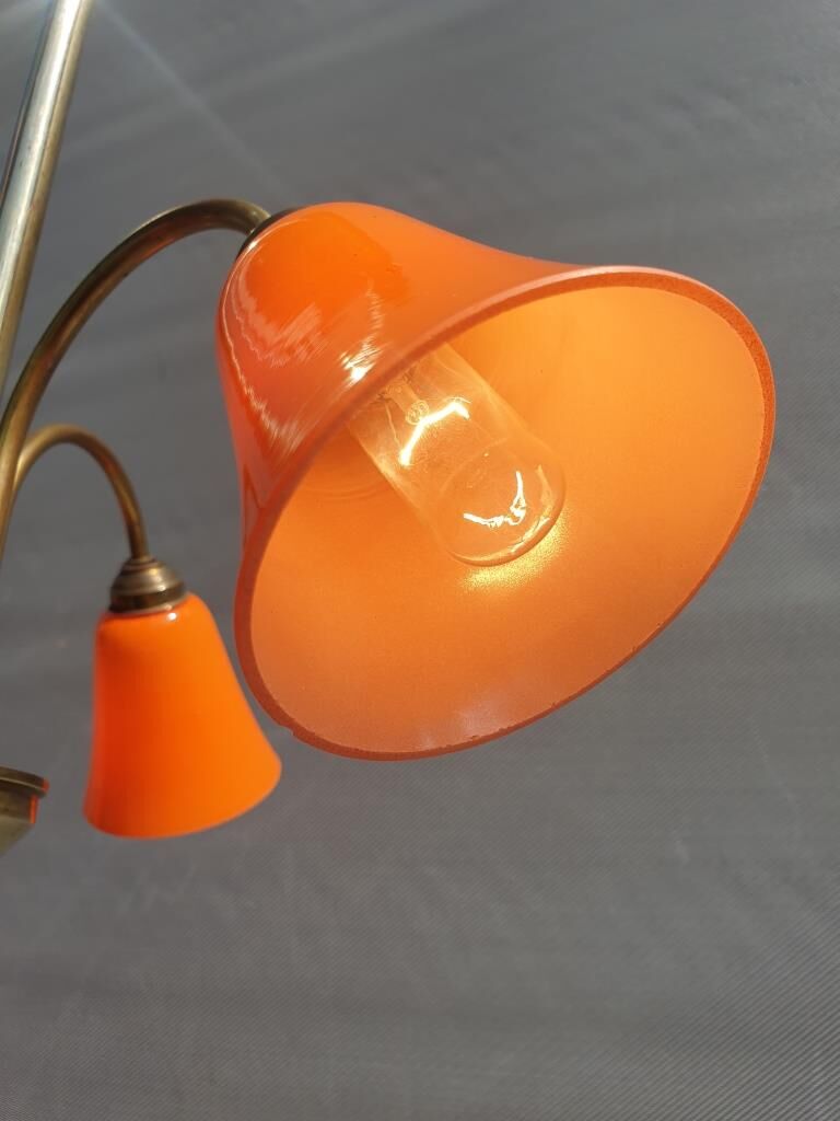 Brass chandelier 3 tulips orange Casimir 1970