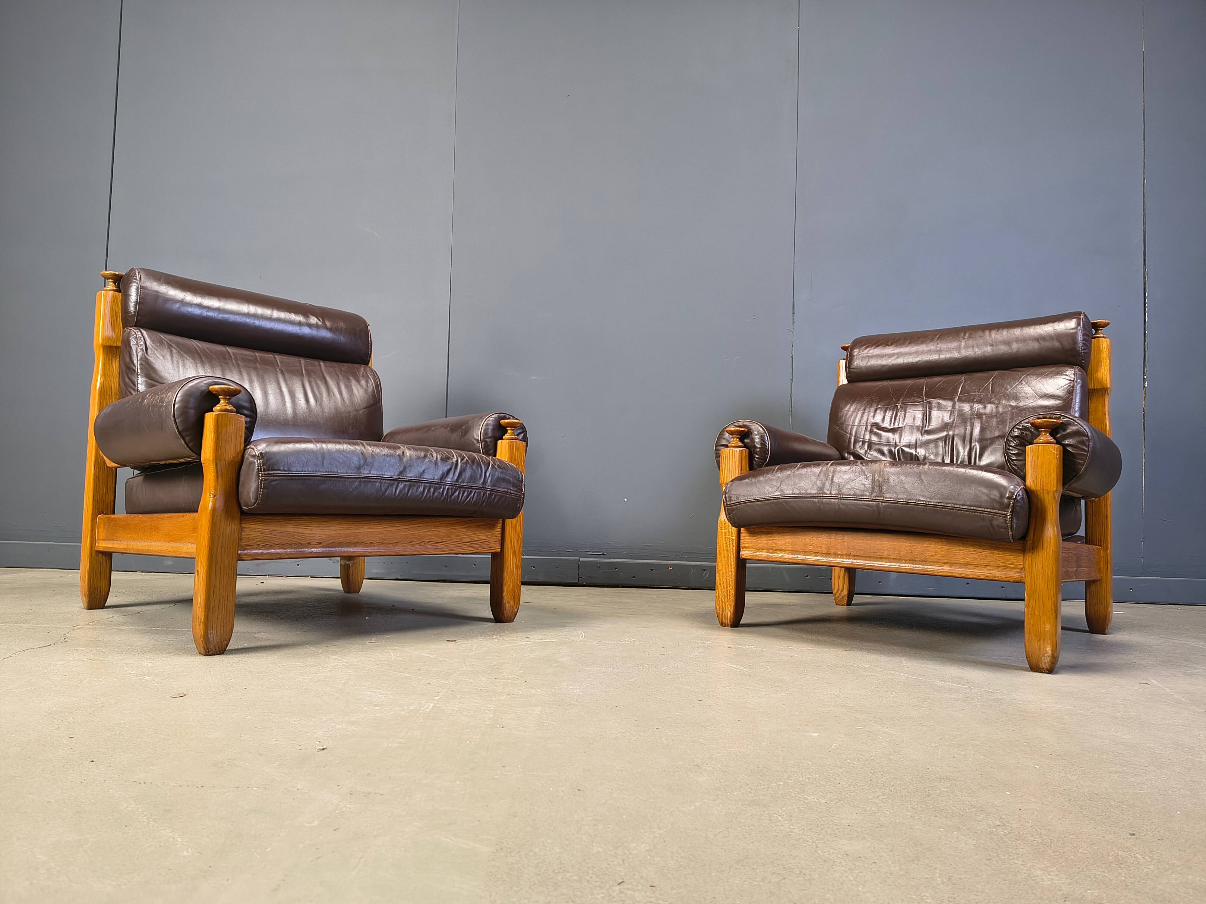 Vintage rustic brown leather and oak armchairs, 1960s - set of 2